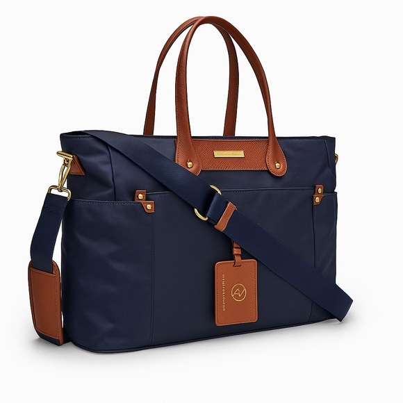 Adrienne Vittadini Navy Nylon Tote Bag w/ Cognac Leather Trim & Red Interior - Picture 1 of 7